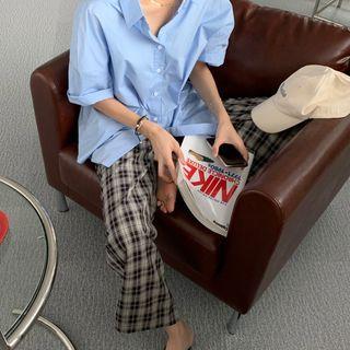 Elbow-sleeve Plain Shirt / Plaid Wide-leg Pants