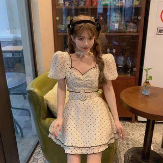 Puff-sleeve Dotted Blouse / A-line Skirt