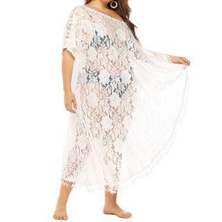 One-shoulder Midi Lace Dress White - One Size