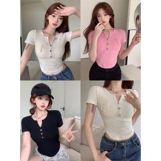 Short-sleeve V-neck Heart Buttons Slim-fit Top