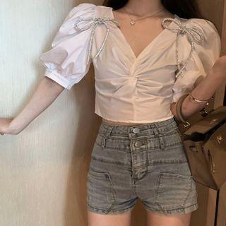 Rhinestone Bow Puff-sleeve Twist V-neck Cropped Blouse As Shown In Figure - One Size
