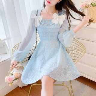 Long-sleeve Bow-accent Pleated Lace A-line Dress