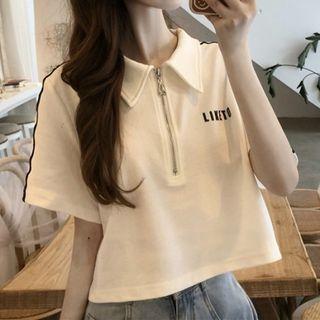 Short-sleeve Half-zip Lettering Polo Top