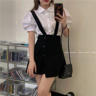 Puff-sleeve Plain Blouse / Plain Asymmetric Jumper Dress