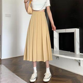 High-waist Plain A-line Accordion Pleat Midi Skirt
