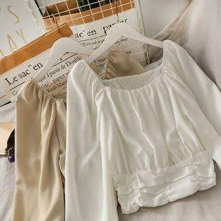 Long-sleeve Boatneck Ruched Cropped T-shirt