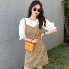 Puff-sleeve Blouse / Floral Print Mini Sheath Overall Dress