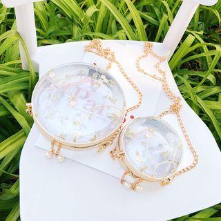 Floral Embroidered Round Mesh Chain Crossbody Bag