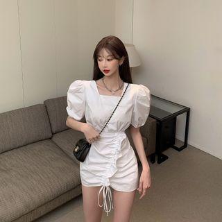 Puff-sleeve Square-neck Drawstring Mini Bodycon Dress
