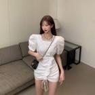 Puff-sleeve Square-neck Drawstring Mini Bodycon Dress