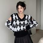 Cold Shoulder Argyle Sweater Argyle - Black & White - One Size
