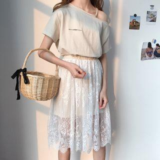 Set: Cold Shoulder Short-sleeve T-shirt Dress + Lace Midi Skirt
