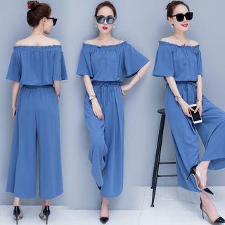 Off-shoulder Elbow-sleeve Top / High Waist Wide-leg Pants