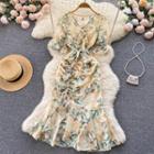 Puff-sleeve V-neck Print Ruffle Mermaid Dress