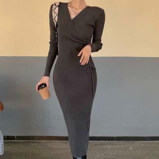 Long-sleeve Knit Midi Sheath Dress Gray - One Size