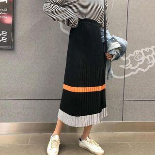 Color Block Midi Knit Skirt Black - One Size