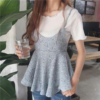 Set: Spaghetti Strap Floral Top + Short-sleeve T-shirt