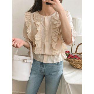 Eyelet-lace Frill-trim Peplum Blouse