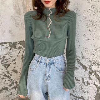 Long-sleeve Mock-neck Ruffle Knit Top