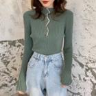 Long-sleeve Mock-neck Ruffle Knit Top