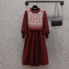 Long-sleeve Print Panel Knit Midi A-line Dress