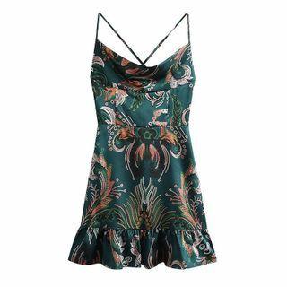 Spaghetti Strap Print Ruffle Hem Mini A-line Dress