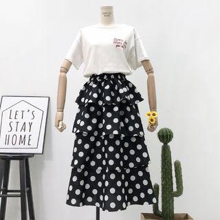 High-waist Layered Polka-dot A-line Skirt Black - One Size