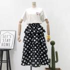 High-waist Layered Polka-dot A-line Skirt Black - One Size