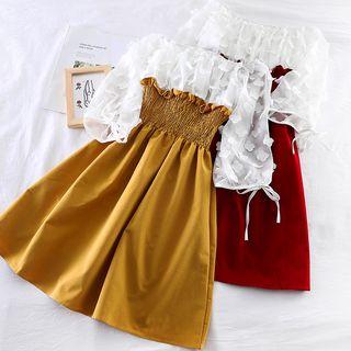 Off-shoulder Floral Panel Faux Suede Dress