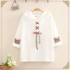 Fish Embroidered Lace-up Short-sleeve Hoodie