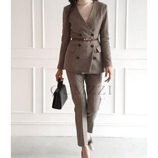 Set: Lapelless Double-breasted Herringbone Blazer + Dress Pants