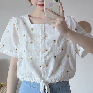 Floral Print Square-neck Elbow-sleeve Blouse