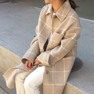 Pocketed Plaid Single-breasted Coat Almond - One Size