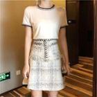 Set: Short-sleeve Contrast Trim T-shirt + A-line Plaid Skirt