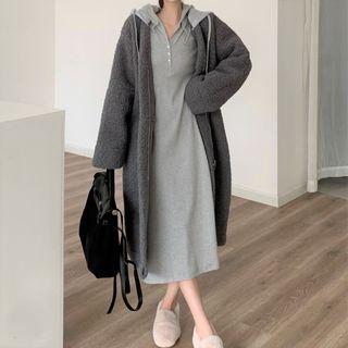 Fleece Long Coat / Long-sleeve Midi Hoodie