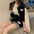 Color Panel Long-sleeve Baseball Jacket / Contrast Trim Button Mini Skirt