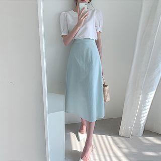 Short-sleeve Drawstring Back Blouse / High-waist A-line Skirt