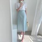 Short-sleeve Drawstring Back Blouse / High-waist A-line Skirt