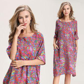 Elbow-sleeve All Over Print Dress Pattern - Multicolour - One Size