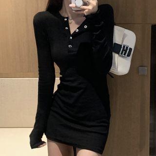 Long-sleeve Button-up Mini T-shirt Dress