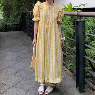 Puff Sleeve Pinstripe Floral Print Dress