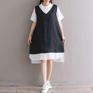Mock Two-piece Short-sleeve Two-tone Dress