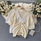 Short-sleeve Lace Collar Drawstring Blouse