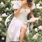 Puff-sleeve Square-neck Tie-strap Cutout Ruched Dress