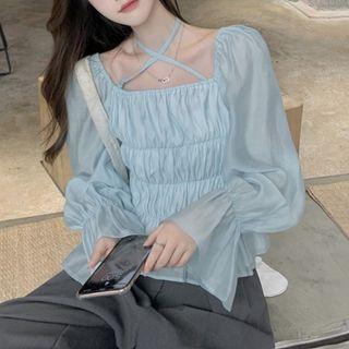 Square-neck Ruched Puff-sleeve Shirt