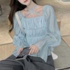 Square-neck Ruched Puff-sleeve Shirt