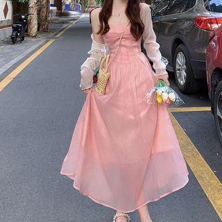 Plain Cardigan / Strapless Bow Accent Maxi A-line Dress