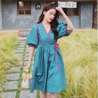Puff Sleeve V-neck Floral Print A-line Wrap Dress