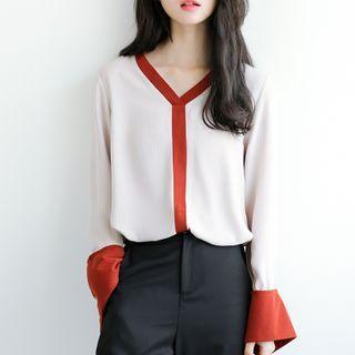 Flared-cuff Contrast Trim Blouse Red - One Size