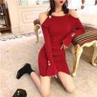 Off-shoulder Long-sleeve Slim-fit Knit Dress